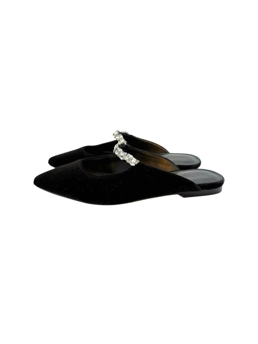 Black Velvet Pointed-Toe Mule with Crystal Strap